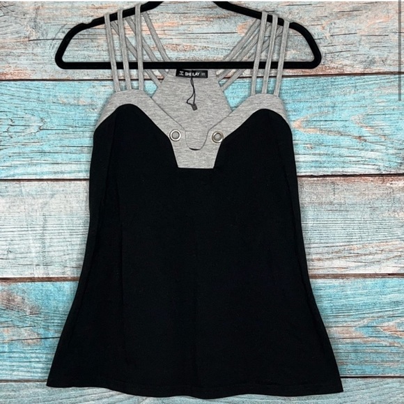 Sheilay Strappy Top M Black Grey Y2K 90s Colorblock Cami Casual Racerback Boho - Picture 1 of 8